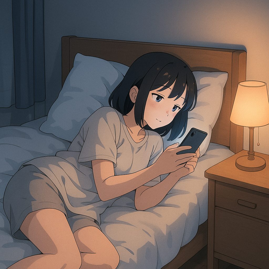 ベッドでスマホを見ている女の子の寝る前のイラスト