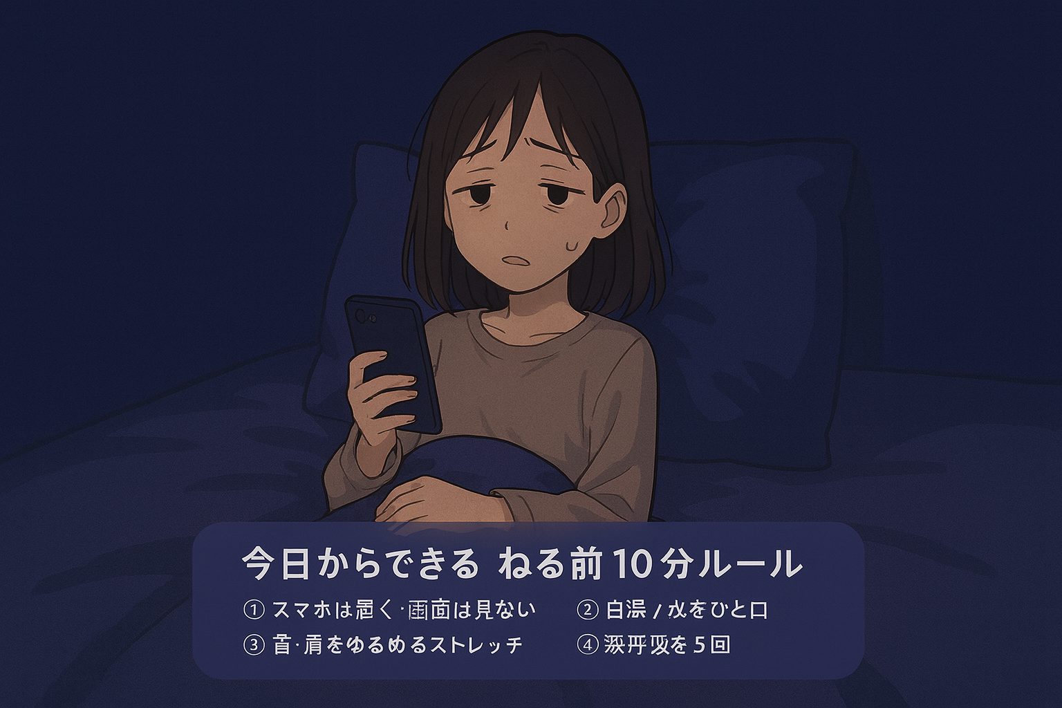 ベッドの中でスマホを見ながら眠れずに困っている女性のイラスト