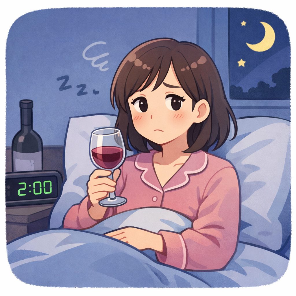 寝る前にお酒を飲んで眠れない夜のイラスト