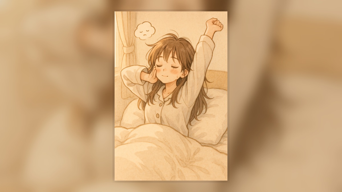 朝、ふとんの中で伸びをしながらゆっくり目を覚ましている女の子のイラスト