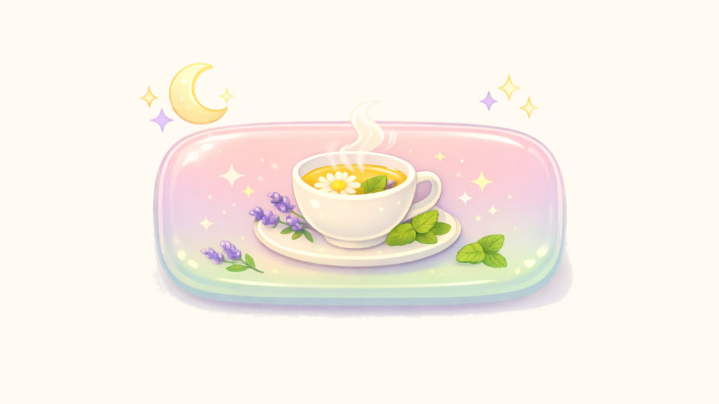 月と星のイラストと、温かいハーブティーのカップ(リラックスのイメージ)