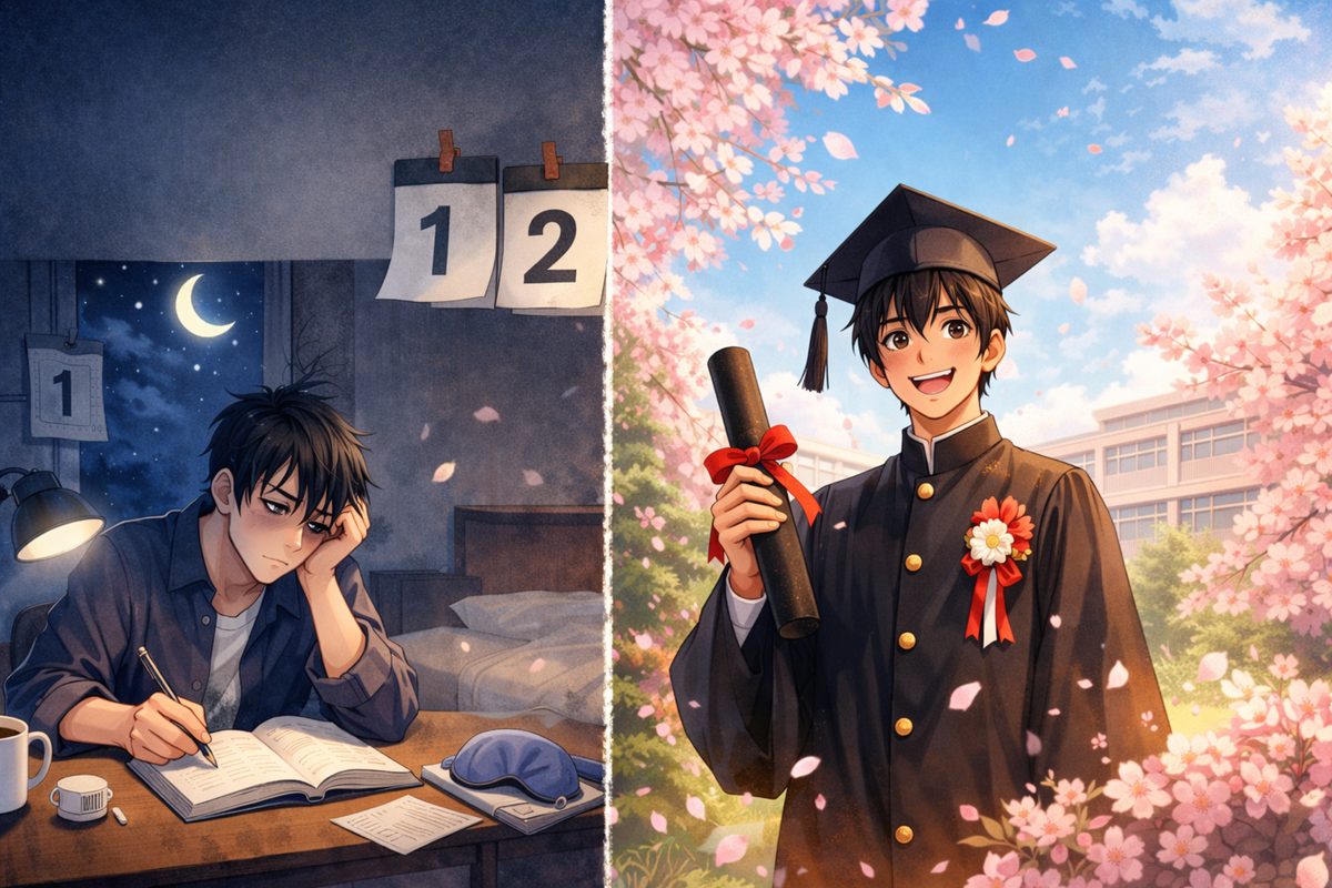 夜に机で悩む男子学生と、桜の下で卒業証書を持つ男子学生の二分割イラスト
