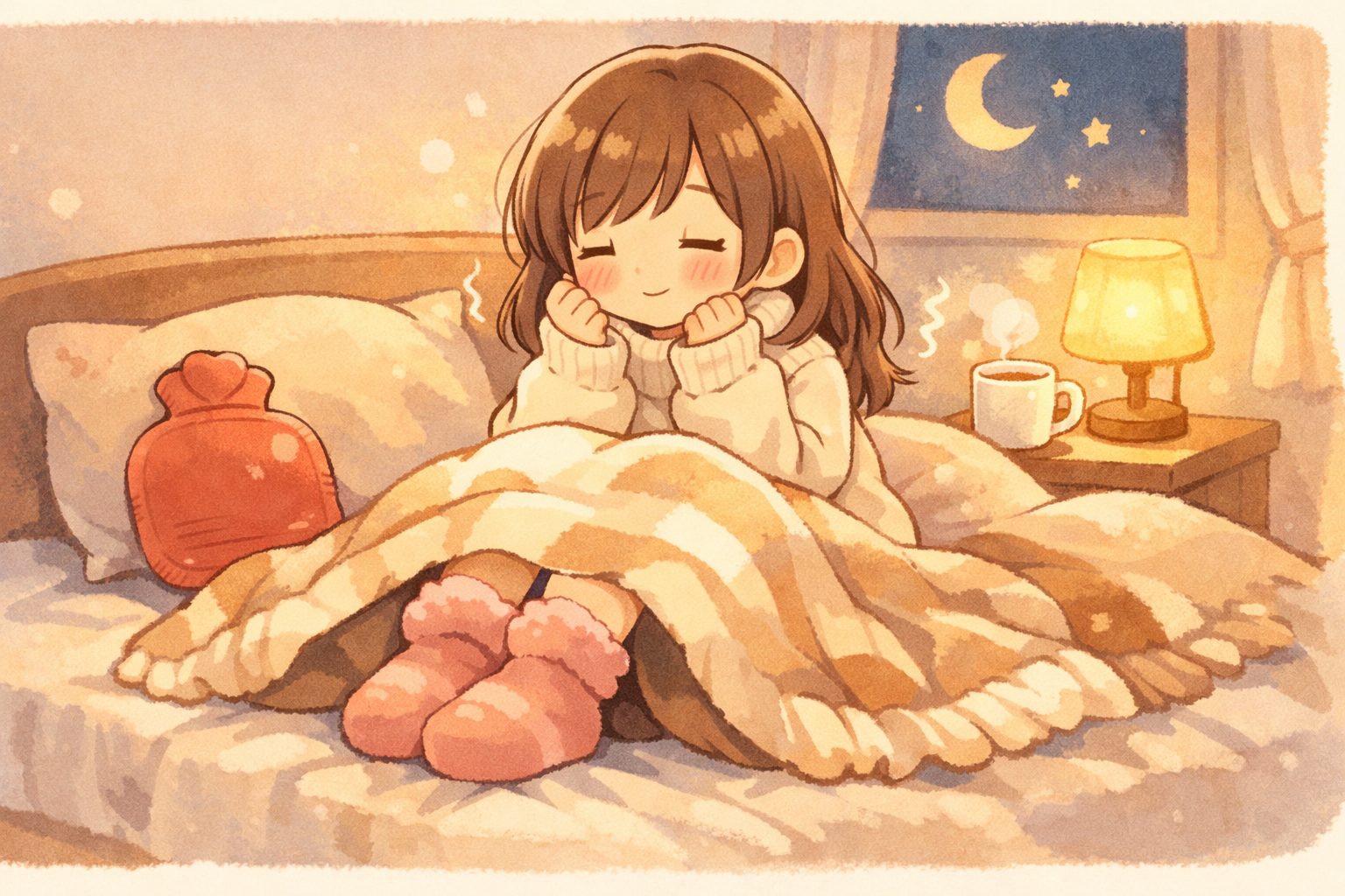 手足の冷え対策に湯たんぽで温まる女の子のイラスト