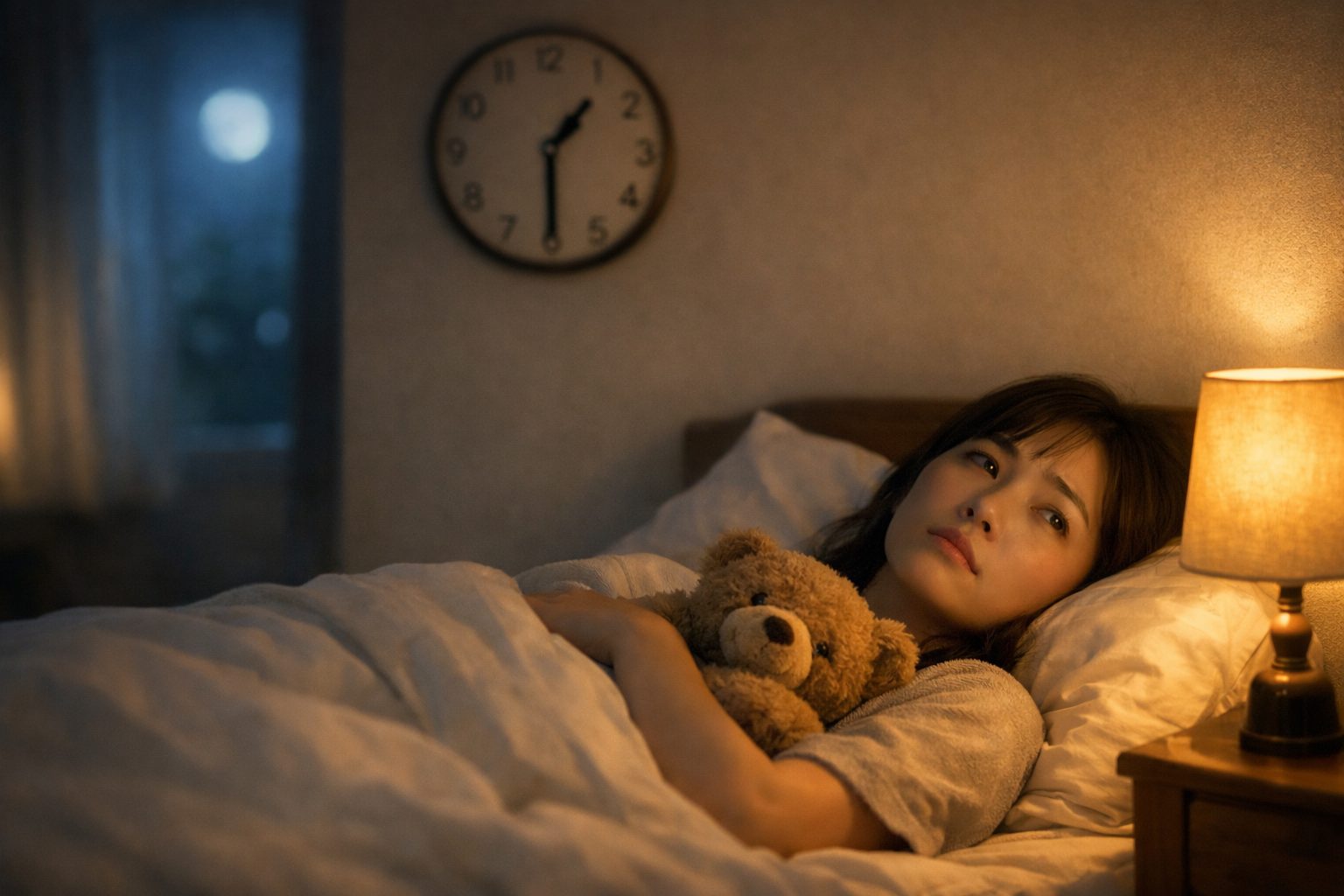 深夜1時半、ベッドで眠れず悩む女性と時計