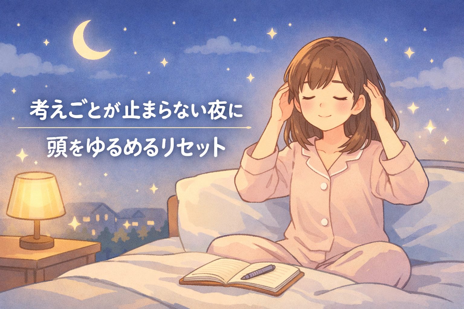考えごとが止まらない夜に、頭をゆるめるリセットをする女性のイラスト