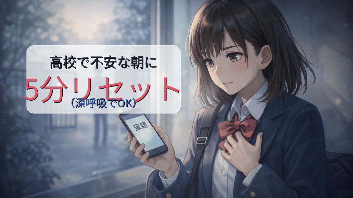 高校で不安な朝、深呼吸で落ち着こうとする女子学生のイラスト