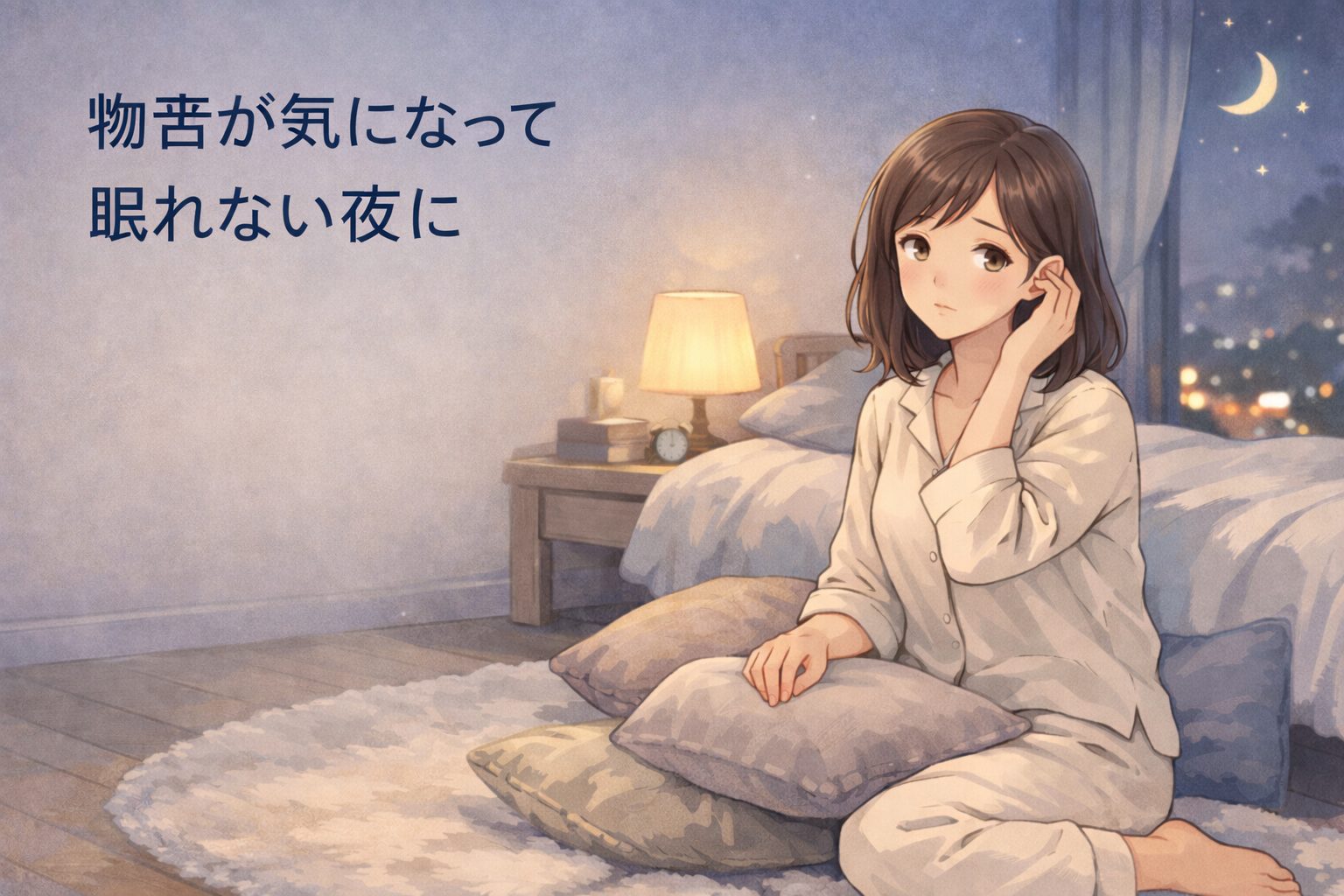 物音が気になって眠れない夜の女性のイラスト