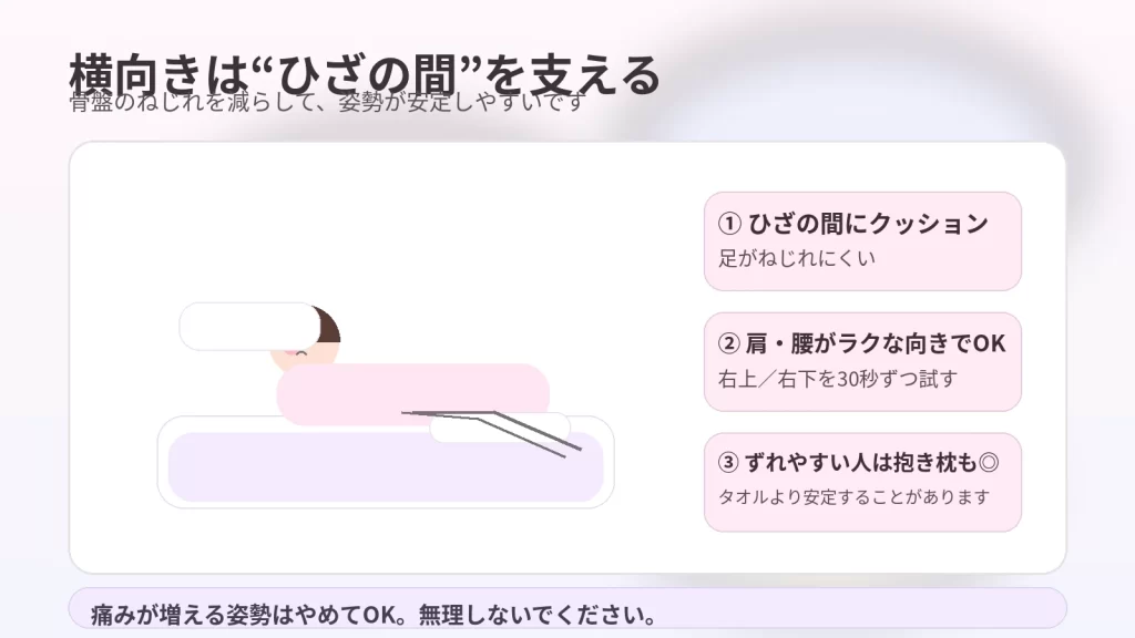 横向き寝はひざの間をクッションで支える（ヘルニア）